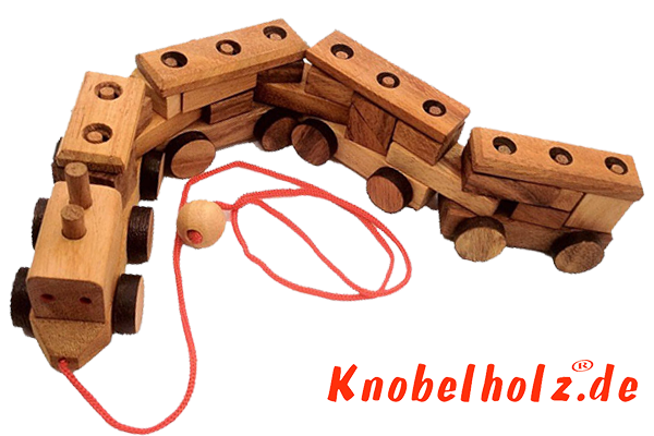 Puzzle Train Holzeisenbahn Puzzle 3D für Kinder zum hinterher ziehen in den Maßen 8,5 x 42,0 x 10,5 cm, samanea wood brain teaser